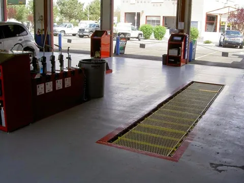 The open service pit in the Reno South bay with the service center drive-through doors open